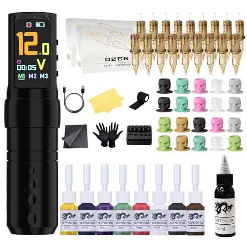 OZER Wireless Tattoo Pen Set 2000mAh Tattoo Gun Kit is Suitable for Professionals to Use It Contains 20 Tattoo Ink Cartridts 8 Colorants 1 Bottle of Black Ink and One Skin Care Practice Aaccessory