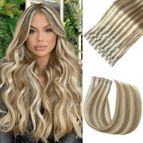 Invisible Hole Weft Human Hair Extensions Micro Link Hair Extensions 9A/P60 Highlight Blonde Glueless Skin Weft Human Hair Extensions Seamless No Tape In Hair Extension for Women (70g 8Pcs,18 Inch)