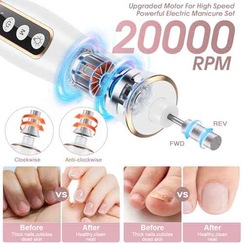 Professional Manicure Pedicure Kit, Cordless Electric Nail Drill with 360¡Æ LED light&10 Speeds, Rechargeable Pedicure Tools for feet, Hand Foot Care Nail Drill for Thick Nail Toenail Cuticle Women Men