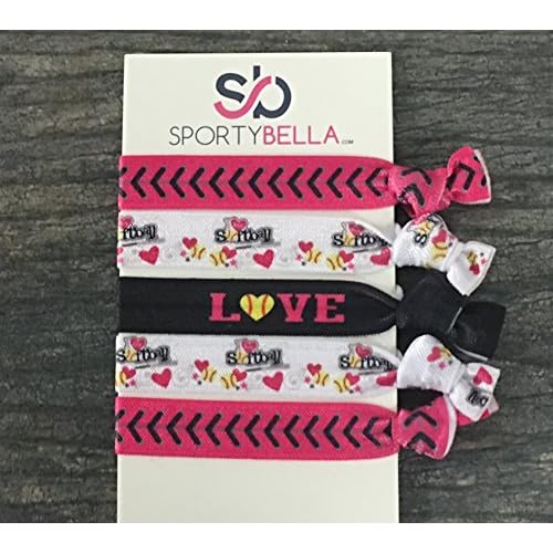 Infinity Collection Softball Hair Ties, Pink, White, Black Hair Accessories for Girls, Softball Player and Softball Teams, 5 Ponytail Holders