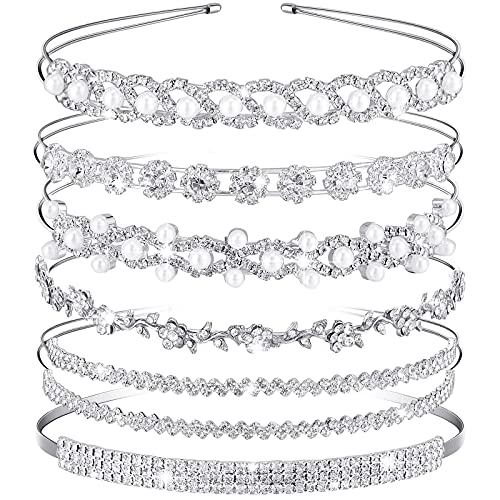 6 Pieces Rhinestones Wedding Headbands Crystal Flower Girl Leaves Crown Headband Tiara Women's Faux Pearl Rhinestones Princess Hairband Headdress for Bride Bridesmaids Wedding Party (Chic Pattern)