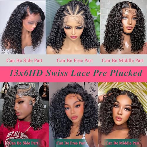 14 Inch Deep Wave Lace Front Wigs - Pre Plucked 200 Density Bob Wig - Glueless, Short Curly Human Hair Wig - Natural Black