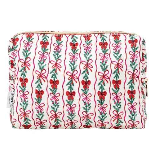 Martha Stewart Festive Quilted Makeup Bag, Compact Cosmetic Organizer for Women, Small Zipper Pouch with PVC Lining, 8.75" x 4" x 6" (Holiday Bow Stripe)