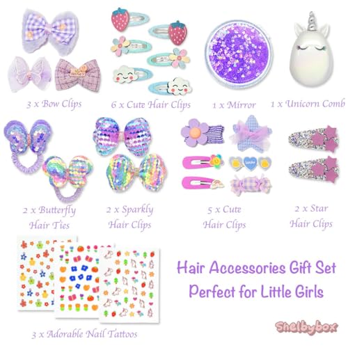 Hair Accessories Gift Set for Kids Purple Hair Clips Barrettes Ponytail Ties Bows Headbands with Mirror Unicorn Comb Gift Box for Daughter Teens Childs Little Girls