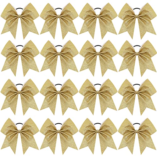 16PCS 8" Large Glitter Cheer Bows for Cheerleaders, CN Sparkly Hair Bows with Elastic Hair Ties Accessories for Teens Girls Women Cheerleading Softball Competition Sports (Gold)