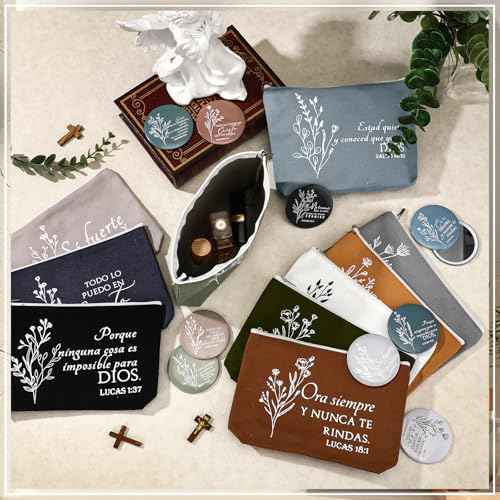 Kacctyen 10 Sets Advent Beauty Calendar Spanish Christian Gifts for Women Regalos Cristianos para Mujer for Christmas Religious Canvas Makeup Bags with Bible Verse Compact Mirrors (Boho Color)