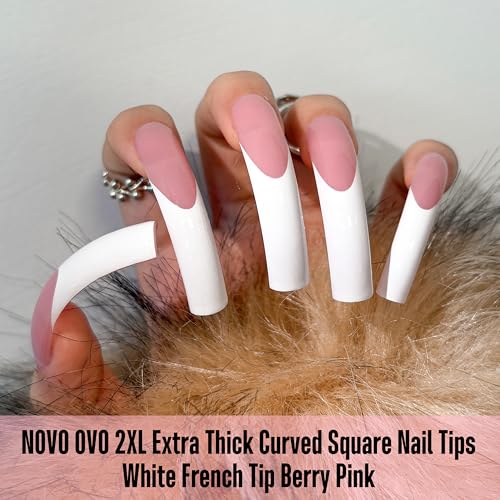 NOVO OVO XXL Curved Square White French Tip False Nail Tips Press on, BERRY PINK Full Cover Extra Thick Long XL Acrylic Hawk Curve Fake Extension Kit, Need Top Coat for Salon DIY 12 Sizes 144 pcs