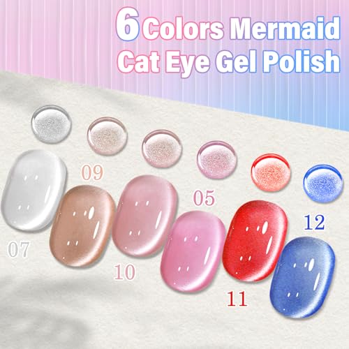 EBANKU 6Pcs 0.5Oz Cat Eye Gel Polish Set Same Color Same Bottle, Holographic Nude Pink Purple Magnetic Gel Nail Polish Kit, Soak Off UV Gel Cat Eye for Manicure Salon DIY at Home