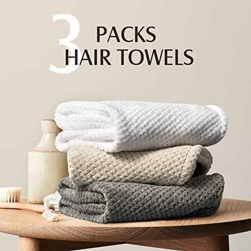 YFONG 3 Pack Large Microfiber Hair Towel Wrap, 30" x 10" Anti Frizz Quick Dry Hair Towels for Women Long, Curly, Thick Hair, Super Absorbent Hair Turban for Wet Hair (Grey, White, Camel)