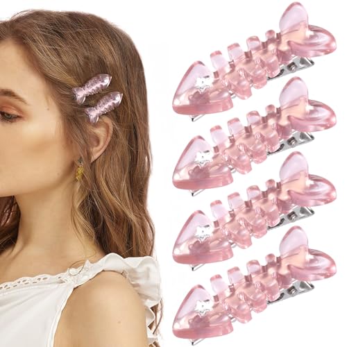 4pcs Fish Bone Hair Clips, Translucent Pink Small Barrettes, Resin No Crease Bangs Kawaii Hairpin, Duckbill Hair Accessories for Women Girls Toddlers Birthday Christmas Party