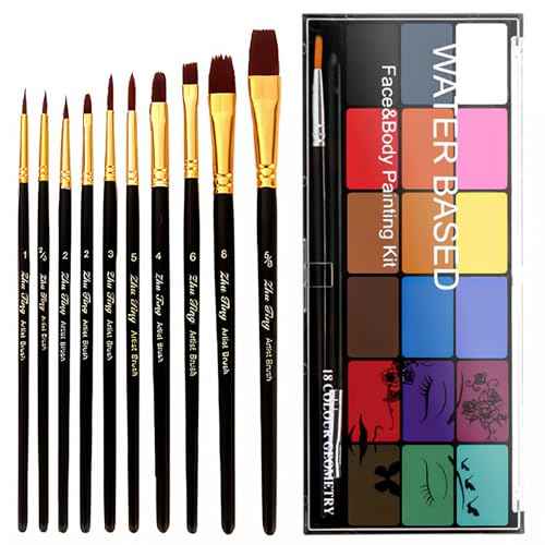 Face Painting Kit Non-toxic Body Paint Washable 18 Colors Facepaint Makeup Kit for Adults with 10 Face Paint Brushes for Halloween Party Cosplay Makeup (Color 001)
