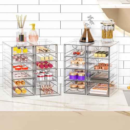 Acrylic Makeup Organizer with 19 Drawers, 4 Pack Clear Storage Drawers, Bathroom Makeup Organizer for Palettes, Cosmetic, and Beauty Supplies,Ideal for Vanity, Cabinet,Desk Organization