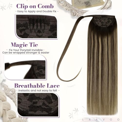LaaVoo Ponytail Extension Human Hair 20 Inch Ponytail Hair Extensions Caramel Blonde Balayage Brown 80g