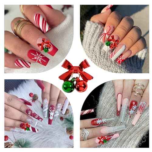 10 PCS Christmas Jingling Bell Nail Charms 3D Green Red Alloy Bells Bowknot Pendants Bell Dangle Nail Art Rhinestones for DIY Nail Art Craft