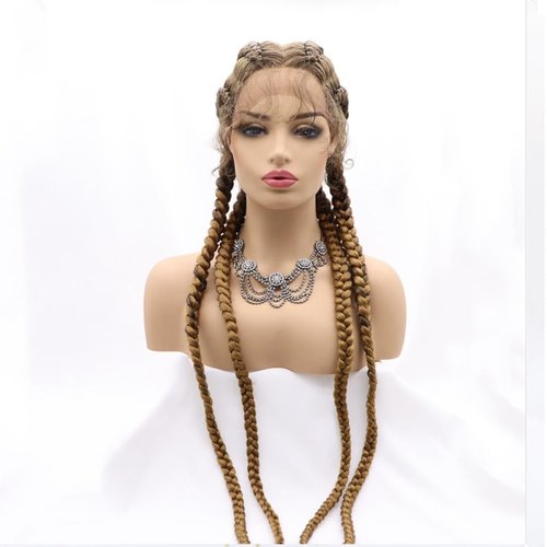 xiweiya 36”Long Blonde Brown Braided Wig 100% Hand Braided Brown Twisted Braids 360 Swiss Lace Front Wig Light Brown Double Dutch Braided Wigs with Baby Hairs for Women