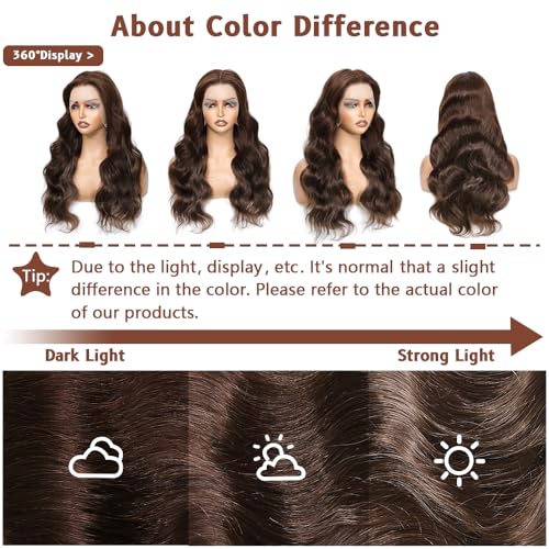 24 Inch Chocolate Brown 13x4 HD Lace Front Wigs Human Hair Body Wave Frontal Glueless Brown Wigs Human Hair Pre Plucked Colored Wigs with Baby Hair for Black Women 250 Density