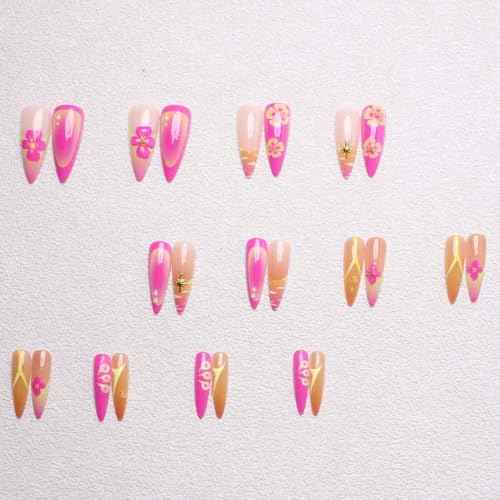 Long Press on Nails Almond Fake Nails White French Tip False Nails with 3D Flower Design Glue on Nails Acrylic Nails Glossy Full Cover Stick on Nails for Women 24Pcs