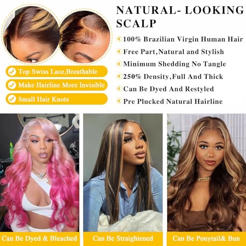 Durya Honey Blonde Ombre Lace Front Wig Human Hair Highlight Body Wave Lace Front Wigs Human Hair Pre Plucked Glueless 5x5 HD Lace Closure Wig for Women 4/27 Colored 250 Density 28 Inch