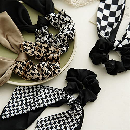 4PCS Short Hair Scarf with Ribbon Bow Scrunchies, Plaid Hair Ties, Chiffon Bowknot Hair Scrunchies for Women