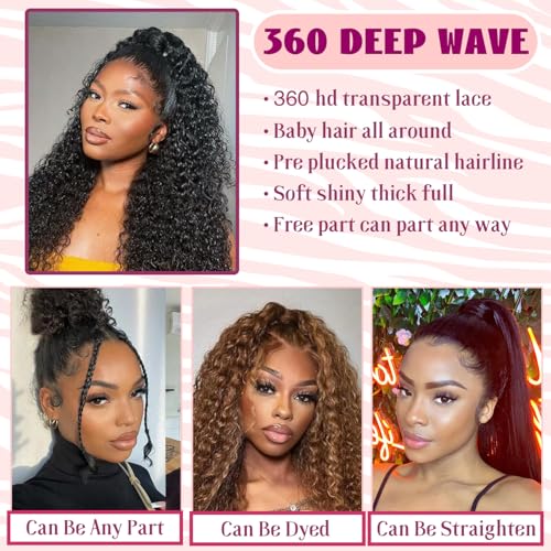 Hidden Strap 360 Deep Wave Lace Front Wigs Human Hair Curly Bob Wig With Drawstring 360 Full Lace Frontal Wigs Human Hair Bob Wigs For Black Women 360 Lace Front Wigs Pre Plucked(12inch)
