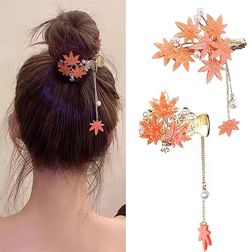 2 Pcs Maple Leaf Fringed Hair Claw Clip Vintage Tassel Pear Hair Clip Fashion Nonslip Hair Clamps Maple Leaf Metal Hairpins Small Hair Accessories for Women Thanksgiving Birthday Presents Decorations