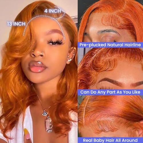 Short Bob Wig 350 Ginger Orange 16 Inch 180% Density Human Hair 13x4 HD Transparent Lace Front Wig with Baby Hair for Women