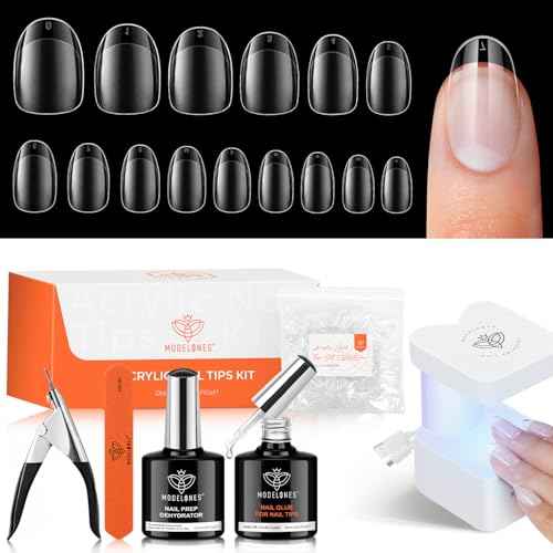 modelones Gel Nail Kit Short Oval Round, Upgrade 510Pcs Fake Nails 15Sizes, 9-in-One Glue Prep Dehydrator & Mini U V Light Clipper, Pre-shaped Half Matte Press on Oval Tips for Extension DIY Salon