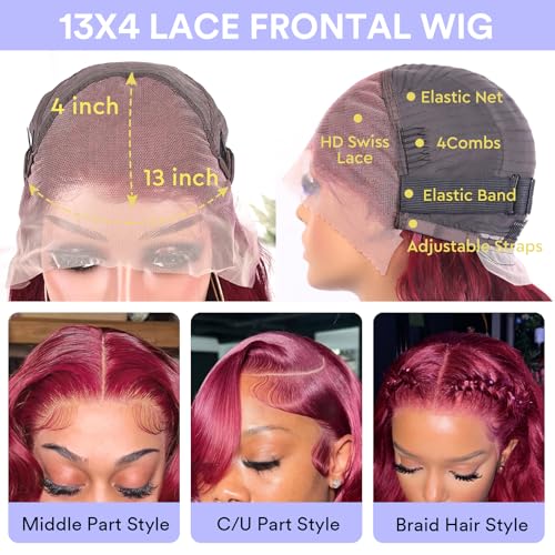 24 Inch 99j Burgundy Lace Front Wigs Human Hair 13x4 HD Red Burgundy Body Wave Wig Human Hair 200 Density Body Wave Lace Front Wigs Pre Plucked Glueless Frontal Wigs for Women