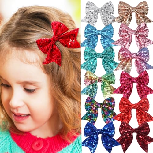 3-inch Sequined Bow Hair Clips For Baby Girls, Toddler, Kids and Young Women Birthday Party Wedding Christmas Occasions Pet Accessories Set of 2 (Turquoise)