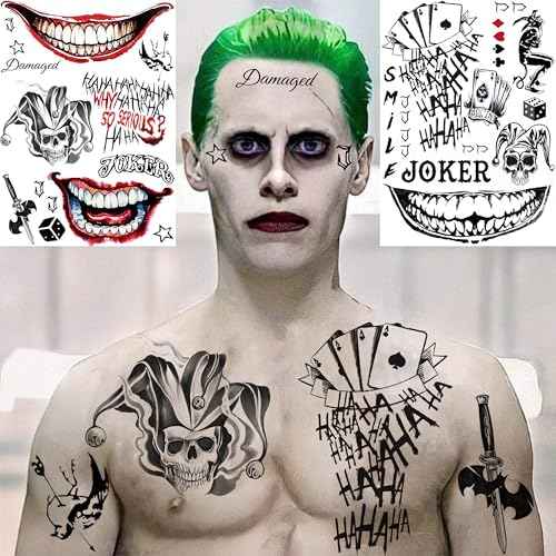 FANRUI 6 Sheets Joker Tattoos Halloween Face Makeup Kit, Temporary Tattoos For Men Women Adults, Smile Face Clown Damaged Tattoo Joker Prisoner Cosplay Costumes And Party Accessories