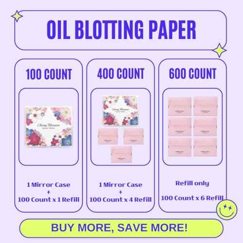 [100 Counts + Mirror Case] Cherry Blossom Natural Oil Blotting Paper for Face Korean with Mirror Case