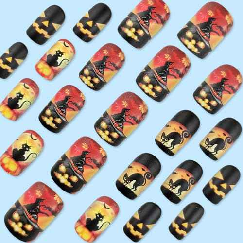 Halloween Short Press on Nails Black Cat Halloween Fake Nails Pumpkin Bat Designs Halloween Stick on Nails Full Cover Halloween Square False Nails Cute Halloween Glue on Nails for Women Girls