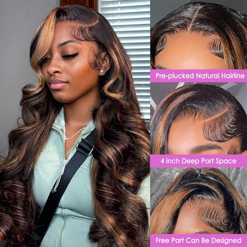 Highlight Ombre Lace Front Wig Human Hair Body Wave Lace Front Wigs Human Hair Pre Plucked 13x4 1B/30 Brown Highlight Wig 200 Density Colored 26 Inch Balayage Wigs for Women