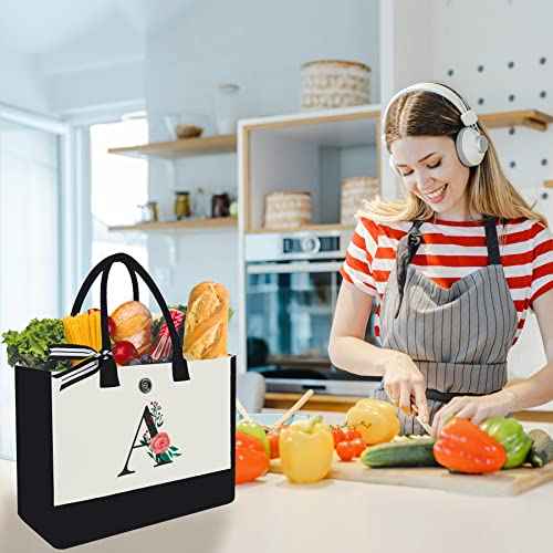 Initial Canvas Tote Bag, Personalized Birthday Gifts for Women Mom Friends Teachers, Monogrammed Tote Bags Suitable for Mother's Day Wedding Beach (Letter A)