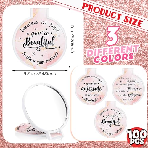 Wenqik 100 Pcs Inspirational Mini Compact Mirror for Purse Women Small Gifts Bulk, Round Makeup Folding Mirror, Thank You Gift Bag Stuffer Items, Christmas for Coworker Employee Staff (Light Pink)