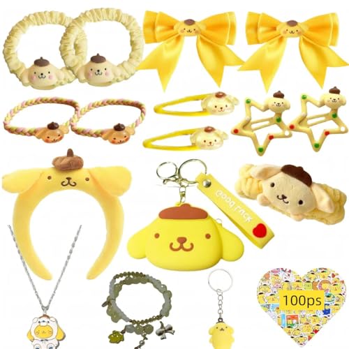 117Pcs Kawaii Stuff Gifts Set Include Headband,Pouch, Hair Band, Hair Ties & Clips, Hairpin, Stickers, Necklace,Bracelet, Keychain(Yellow)