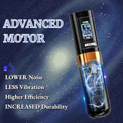 NEEBOL Wireless Tattoo Gun Rotary Tattoo Machine LED Display Screen 8 Hour Battery Life Extra Battery High-end Tattoo Pen Equipment Supply Permanent Tattoo Art Makeup Gift (Black)