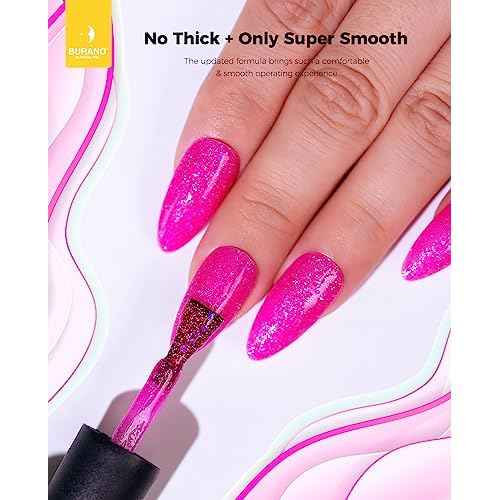 BURANO Glitter Gel Nail Polish - LED UV Curing, Holographic Effect, No Chip Sparkle Gel - Hot Pink (LP14)
