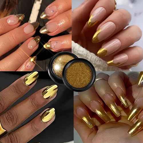 Holographic Mirror Gold Nail Chrome Powder Effect Metallic Dust Sequins UV Gel Gold Chrome Nail Powder Pigment for Nail Art Decoration, Gold Chrome Powder for Nails