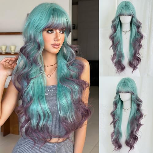 7JHH WIGS 31in Turquoise Long Wavy Bangs Purple Highlight Wigs Mixed Light Green Ombre Lavender Purple Heat Resistant Synthetic Fiber Women Wavy Curly Wigs for Christmas Daily Party Daily Used
