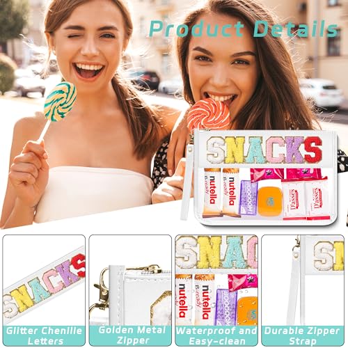 Clear Zipper Pouch PVC Waterproof Nylon Makeup Letter Bag for Women Girls Chenille Letter, for Travel, Cosmetic Bag, Snack Bags, Clear Stuff Bags, For Travel,£¨White-Snacks£©