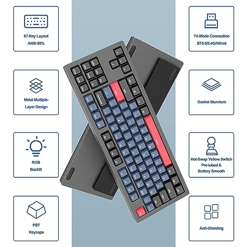 AKC087 Wireless Mechanical Keyboard, 87 Keys Compact TKL Gaming Keyboard, BT5.0/2.4G/Wired 75% Keyboard, RGB Hot Swappable Mechanical Keyboard OEM Profile Yellow Switch for Windows Mac Laptop