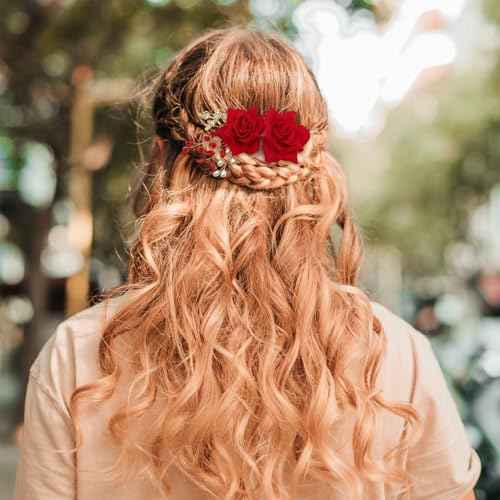 2 Pcs Rose Flower Wedding Hair Comb Crystal Pearl Bridal Headpiece Gold Leaf Red Flower Side Comb Hair Accessories for Women