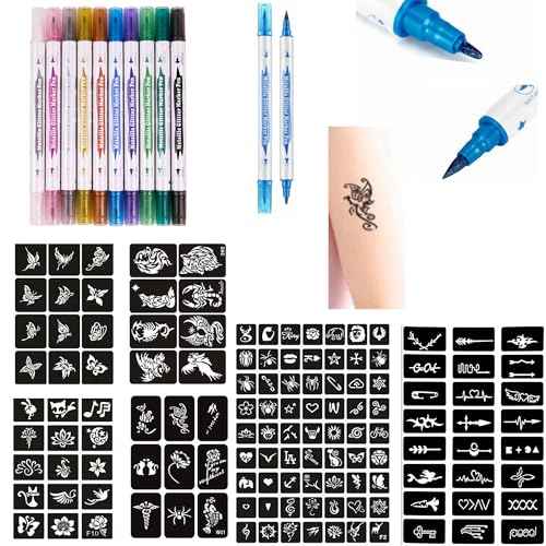 DOWEI Temporary Tattoos Stencils Kits,10 Assorted Colors Body Markers + 131 Large Tattoo Stencils Cosmetic-Grade Temporary Fake Tattoo for Adults Girls Women Kids Teenager Man