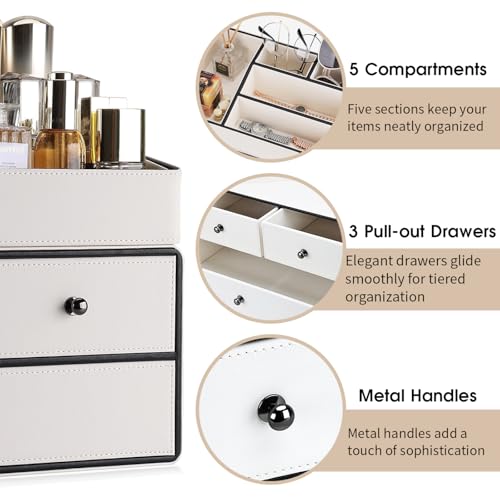 GORESE Leather Makeup Organizer with Drawers for Vanity, Stackable Skincare Holder Dresser Organizer Countertop, Make Up Storage Organizers Counter Cosmetic Display Case Gifts for Women(Cream White)