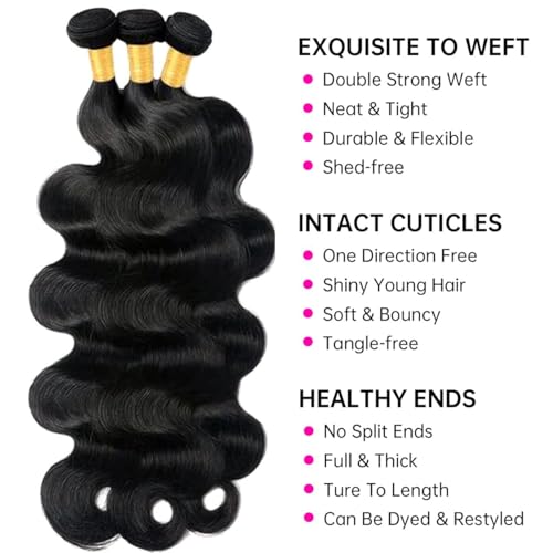 12A Body Wave Bundles Human Hair 22 24 26 inch Brazilian Virgin Human Hair Bundles 100% Unprocessed Human Hair Body Wave Weft Extensions Quick Weave Natural Black