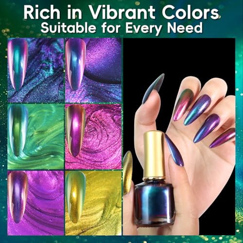 Allstarry Chameleon Nail Polish, Air Dry 6 Colors Glitter Gel Nail Polish Set Color Changing Gel Nail Polish Kit Blue Purple Green Gel Polish Colors Nail Lacquer Nail Art DIY Salon Gift for Women