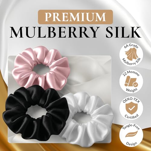 100% Pure 22 Momme Mulberry Silk Scrunchies (Set of 3) | Highest grade (6A) Luxury Hair Ties| (Black,White,Pink) | (Pink, Standard)