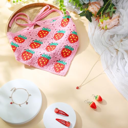 6 Pcs Strawberry Accessories Set Strawberry Crochet Hair Bandana Necklace Earrings Bracelet Hair Clips for Gifts