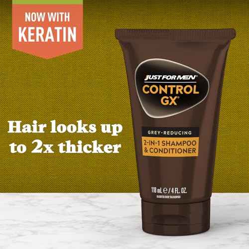 Just for Men Control GX Grey Reducing 2-in-1 Shampoo and Conditioner, Gradual Hair Color with Keratin for Stronger Thicker and Healthier Looking Hair, 4 Fl Oz - Pack of 1 (Packaging May Vary)